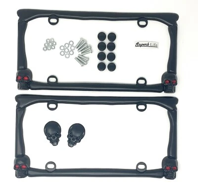Skull Red Eyes in Flames License Plate Frame 2pc with 2pc 3D Skull Metal Sticker - Image 1 of 4
