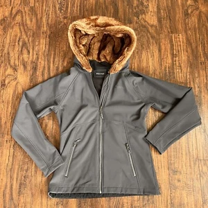 Marmot Mantel Damen Medium Kunstfellbesatz Kapuze grau Fleece gefüttert Reißverschlusstaschen - Bild 1 von 7