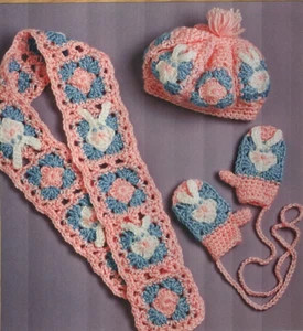 BABY BUNNIES HAT SCARF & MITTENS 9-12 MONTHS CROCHET PATTERN INSTRUCTIONS - Picture 1 of 1