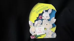 Vintage Rabbits sitting in Egg Easter Card for Grandson c. 1940s Norcross - Picture 1 of 4