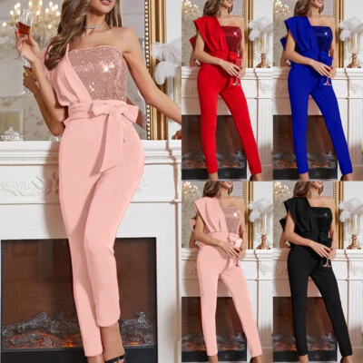 Sexy Damen Pailletten Schulterfrei Jumpsuit Overall Einteiler Romper Hosenanzug - Bild 1 von 4