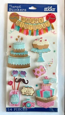 Sticko 14pc Happy Birthday 3D Stickers Fancy Pants Cake Scrapbooking JunkJournal
