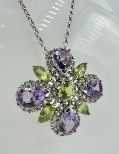 Sterling Silver Lilac Purple & Green Floral Tourmaline Amulet 11.8g ref:dan218 - Picture 1 of 6