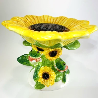 Винтажный керамический пьедестал подсолнечника с лягушками — причудливый садовый декор для безделушек 6,5 дюйма - Изображение 1 из 4