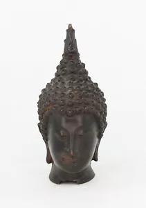 Antique Southeast Asian Bronze Buddha Head Figurine With Flame Ushnisha - Picture 1 of 6