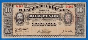 Mexico 10 Pesos 1915  P-S534b  Estado de Chihuahua Circulated Serie J 94367 - Imagen 1 de 4