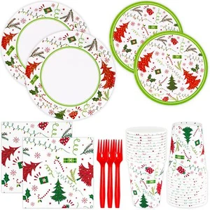 Merry Christmas Party Supply Serves 24 Includes Paper Plates, Disposable Napk... - Picture 1 of 6