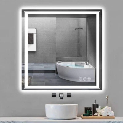 Espejo de baño LED cuadrado 32x32" sin marco desempañador memoria táctil espejo de pared L Foto 1 de 4