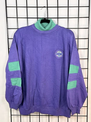Vintage Baggy Turtleneck Sweater Womens M Purple Green 80s Grandmacore Preppy - Image 1 of 4