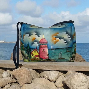 Anna by Anuschka handbemalte Leder Umhängetasche Segelboot Leuchtturm Neu mit Etikett - Bild 1 von 20