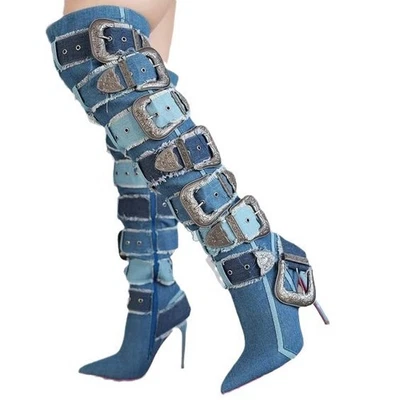 Botas de pasarela para mujer con hebilla sobre la rodilla tacón de aguja alto baile de poste club nocturno Foto 1 de 4