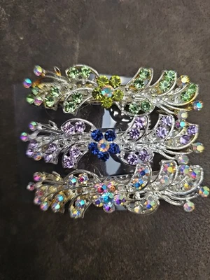 Set 3 Rhinestone Hair Barrettes Silver Tone Floral Crystal Clips AB Grn Pink Blu - Image 1 of 4