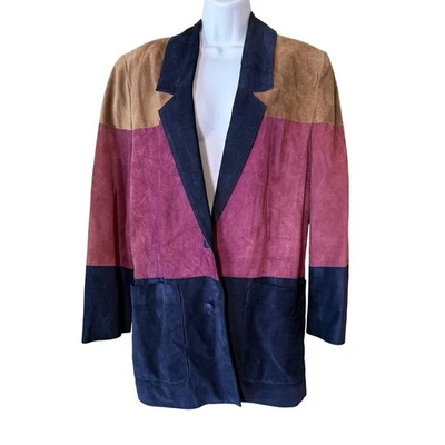 Винтажный Colorblock замши кожаный блейзер куртка женщин M бордовый желтовато-коричневый темно-синий 80-х Artsy - Изображение 1 из 4