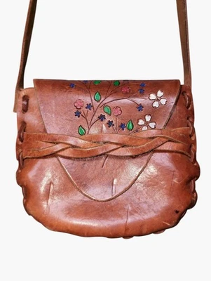 Tooled Leather Handmade Purse Bag  Flower Shoulder Hippie Chic Boho  - Image 1 of 4