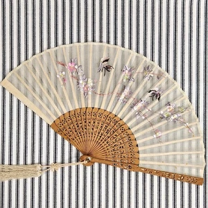Antique Folding Fan, "Cherry Blossoms" Silk Embroidery - Japanese (c. WWII) - Picture 1 of 24