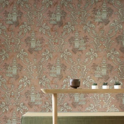 Papel de parede oriental cênico asiático cobre ouro metálico texturizado floral rolo de damasco - Imagem 1 de 4