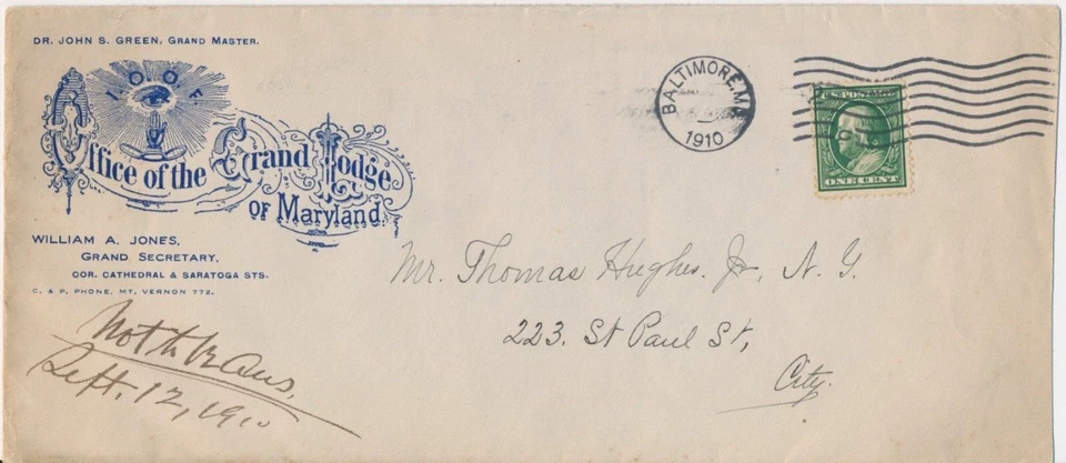 Grand Lodge of Maryland I.O.O.F. Odd Fellows 1910 Baltimore Machine cancel 1c - Image 1 of 1