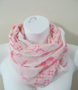 american eagle Embroidered Sheer Cotton Infinity Scarf Wrap White & Pink - Picture 1 of 3
