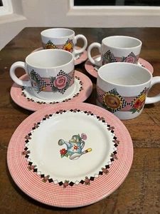 Mary Engelbreit Coffee Tea Cups With Saucers Garden Time 1994 Sakura Set of 4 - Picture 1 of 10