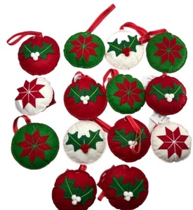 14 4” Round Plush Felt Christmas Tree Ornaments Red Green White Holly Stars - Picture 1 of 8