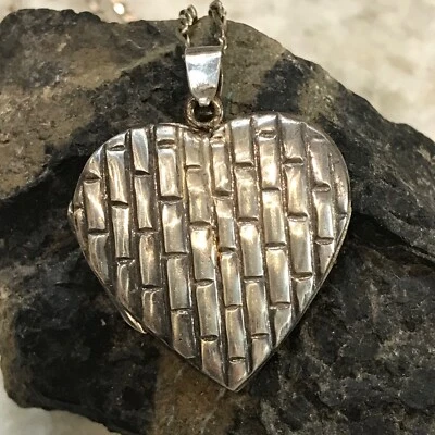Sterling Heart Locket Necklace Brick texture Silver 925 Pendant 2 Photo VTG 24” - Image 1 of 4