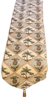 TAPESTRY WOVEN PINEAPPLE PALM TREES GREEN BROWN IVORY BEIGE 68.5x12-3/4” EUC - Image 1 of 4