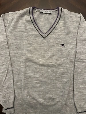 Suéter de Lana ETRO Gris Claro Borde Púrpura/Gris Cuello en V M ¡Estado Excepcional! Foto 1 de 3
