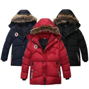 Boys Jacket Keep Warm Cotton Thicken Kids Jacket Fur Collar Solid Color Zipper - Picture 1 of 18