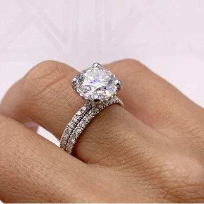 2.8 CT White Round Moissanite Wedding Halo Pave Matching 14K White Gold Ring Set - Image 1 of 4