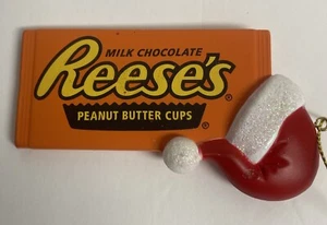 REESE'S PEANUT BUTTER CHOCOLATE CANDY BAR/SANTA HAT RESIN CHRISTMAS ORNAMENT - Picture 1 of 3