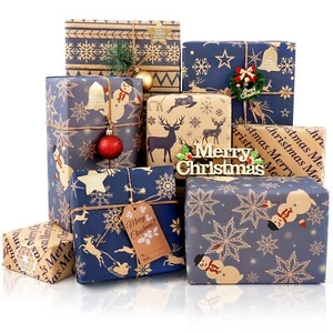 Christmas Wrapping Paper Sheets, Navy Blue and Brown Recycled Kraft Gift Wrap... - Picture 1 of 7