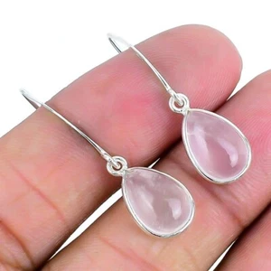 Heart Chakra Rose Quartz Gemstone Dangling Bezel Earrings Solid Sterling Silver - Picture 1 of 8