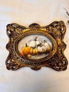 Vintage Pumpkin Still Life | Tiny Oil Painting | Ornate Baroque Frame - Picture 1 of 10