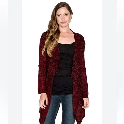 Slim Factor by Investments NWT Lace Print Open Cardigan Small Red Black Drape - Image 1 of 4