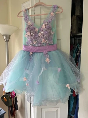 Vestido Hecho a Mano Corto Capas Tul Cuello en V Floral Apliques Con Cordones Talla 8 Foto 1 de 4