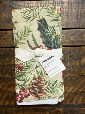 Set 4 tovaglioli stoffa lino cotone bacche agrifoglio Natale Pottery Barn nuovi con etichette - Immagine 1 di 3