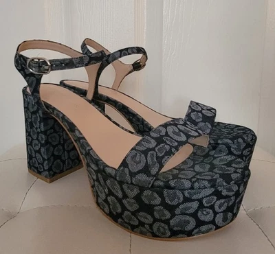 Stuart Weitzman Squarehigh Denim Blue Leopard Print Platform Sandals Heels 7 - Image 1 of 4