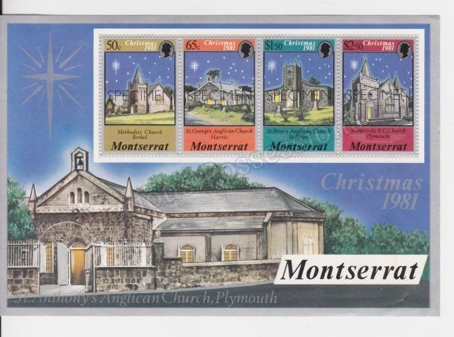 HOJA DE ESTAMPILLAS MONTSERRAT SG MS527 MNH 1981 IGLESIAS DE NAVIDAD ESPÉCIMEN OPT Foto 1 de 1