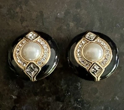 Swarovski Round Black Enamel Clear Crystal Faux Pearl Clip On Earrings Signed - Image 1 of 4