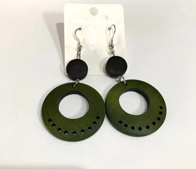 Boho Chic Cut Out Wooden Hoop Dangle Earrings Black & Green - 201 - Image 1 of 4