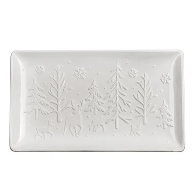 Reindeer Christmas Tree Platter; Ceramic Embossed White Serving Tray - Image 1 of 4