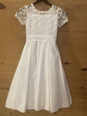 Vestido de comunión/niña flor blanco hecho a mano falda satinada con cuentas talla aprox 8 Foto 1 de 4