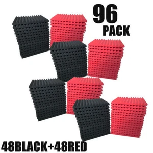 96 PK RED/BLACK Acoustic Foam Panel Wedge Studio Soundproofing Wall Tiles12X12X1 - Picture 1 of 6