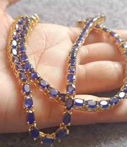 20 Ct Oval Cut Blue Sapphire Tennis Necklace 14k Yell Plated Lab Created 18" - Picture 1 of 5