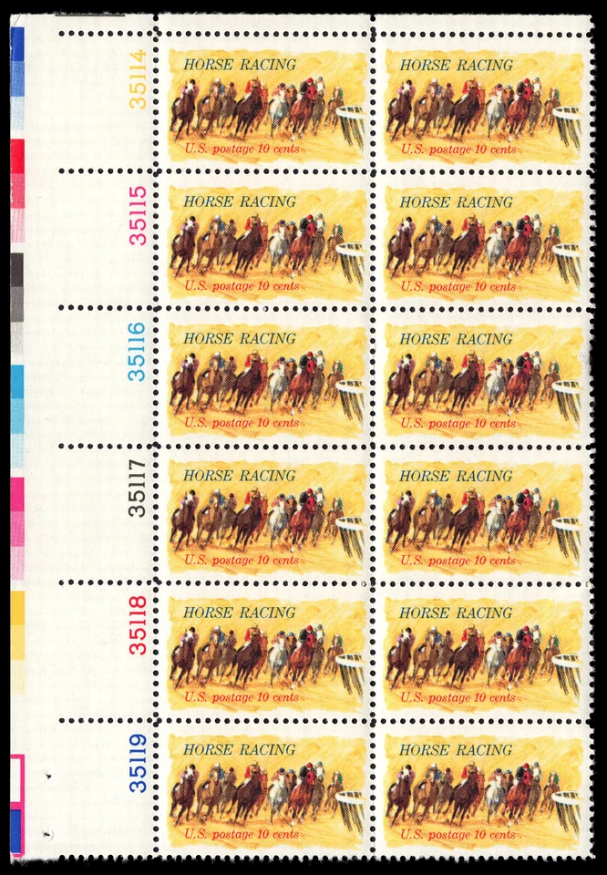 US Scott # 1528, Horse Racing, Plate Block of (12) 1974 10¢ Stamps, MNH - Image 1 of 1