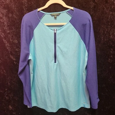 Lauren Ralph Lauren 女式 2X 长袖衬衫色块蓝绿色海军蓝 1/4 拉链 — 第 1/4 张图片