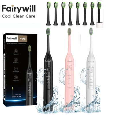 Fairywill Sonic Electric Toothbrush USB Rechargeable with 8 Brush Heads 5 Modes