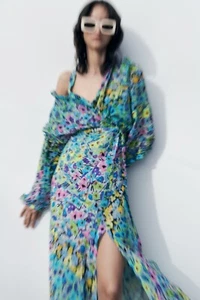 ZARA FLORAL PRINT DRESS SUMMER WEDDING GUEST BLUE TEA SLIT MIDI L LARGE 12 40 - Picture 1 of 13