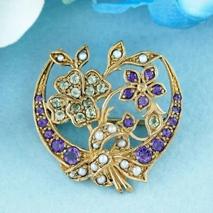 9k Gold Natural Amethyst Peridot Pearl Flower on Moon Vintage Style Brooch  - Picture 1 of 7