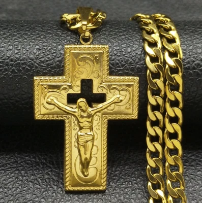 Cadena De Enlace Cubano Collar Con Colgante De Cruz Para Hombre Estilo Hip Hop Foto 1 de 4